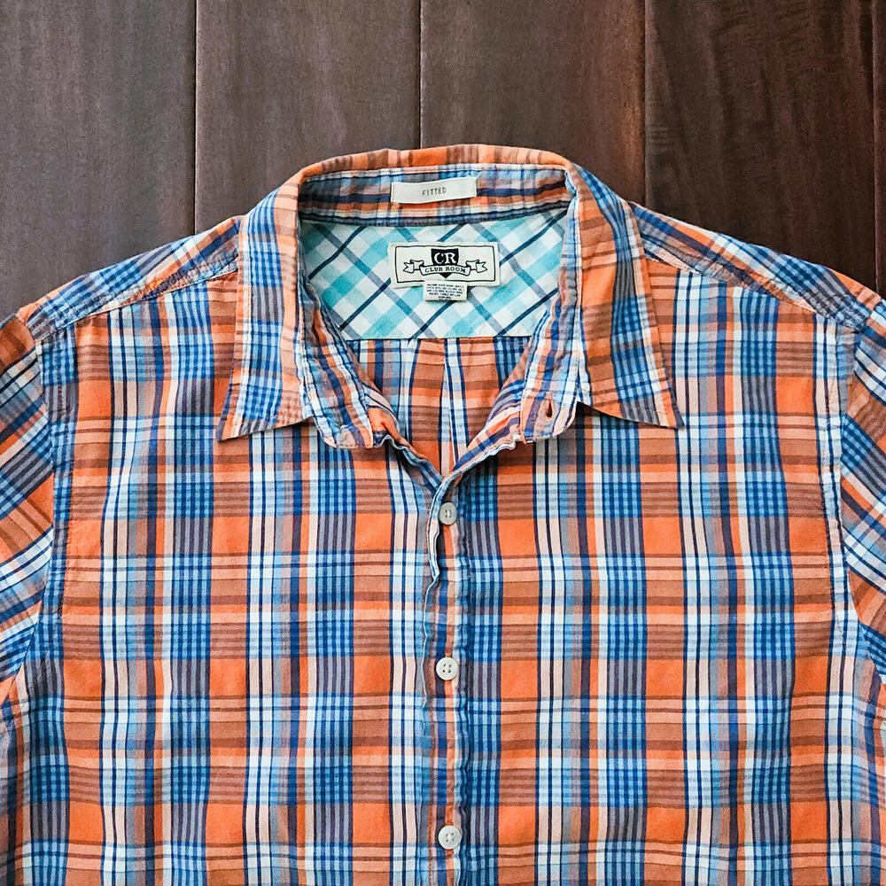 CLUB ROOM Fitted Button Down Orange Blue White Plaid Shirt Men's Medium